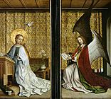 Exterior: Annunciation circa 1446-1449. oil on panelmedium QS:P186,Q296955;P186,Q106857709,P518,Q861259. 234 × 240 cm (92.1 × 94.4 in). Cologne, Cologne Cathedral