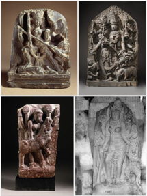 Devi Mahatmya'nın "Tanrıça Durga'nın Buffalo iblisi Mahishasura'yı Katletmesi" sahnesini tasvir eden sanat eserleri Hindistan, Nepal ve Güneydoğu Asya'nın her yerinde bulunur. Üstten saat yönünde: 9. yüzyıl Keşmir, 13. yüzyıl Karnataka, 9. yüzyıl Prambanan Endonezya, 2. yüzyıl Uttar Pradesh .