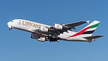 An Airbus A380, the world's largest passenger airliner Emirates Airbus A380-861 A6-EER MUC 2015 04.jpg