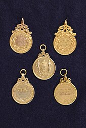 Everton's F.A. Cup winners medals from 1906, 1933, 1966 and 1984. Everton fa cup winner medals.JPG