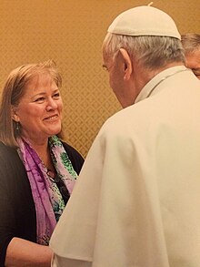 Former FWCC General Secretary Gretchen Castle with Pope Francis, 2018 FWCC General Secretary Gretchen Castle meeting Pope Francis.jpg