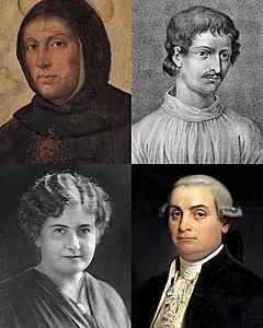 Clockwise from top left: Thomas Aquinas, proponent of natural theology and the Father of Thomism; Giordano Bruno, one of the major scientific figures of the Western world; Cesare Beccaria, considered the Father of criminal justice and modern criminal law; and Maria Montessori, credited with the creation of the Montessori education Famous Italian philosophers.jpg