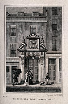 Fishmongers' Hall, Thames Street, London, circa 1830. Fishmongers' Hall, Thames Street, London; the entrance to th Wellcome V0013092.jpg