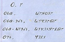 A fragment of Marion Shelton's Hopi dictionary, the source of his handwriting. This section shows translations into the Hopi language (Orayvi dialect) for words that start with the English phoneme /oʊ/.