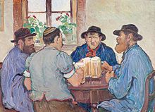 Francois Jaques: Peasants Enjoying Beer at Pub in Fribourg (Switzerland, 1923) Francois Louis Jaques Paysans fribourgeois au bistrot.jpg