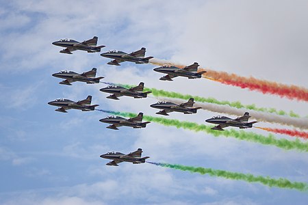 Italian aerobatics team Frecce Tricolori at Aire 75 airshow in Torrejón de Ardoz, Spain.