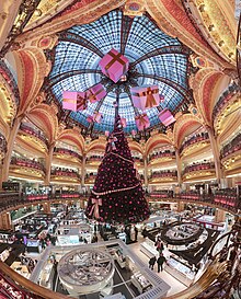 Christmas decorations at the Galeries Lafayette department store in Paris, France. The Christmas season is the busiest trading period for retailers. Galerie Lafayette Haussmann Dome.jpg