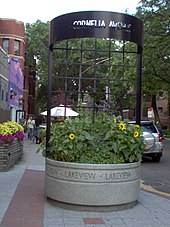 Sculptures serve as entrances to Lakeview East residential streets. This sculpture stands on North Halsted Street at West Cornelia Avenue.