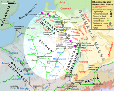 Revolt of the Batavi (69/70 CE). The area of the revolt is illuminated, including the location of the fort of Vetera Germania70rev.png