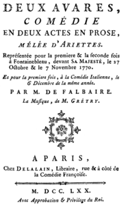 Frontespizio del libretto, Parigi 1770