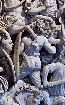 Depiction of a Gothic warrior battling Roman cavalry, from the 3rd century Ludovisi Battle sarcophagus Grande Ludovisi Altemps Inv8574 (cropped).jpg