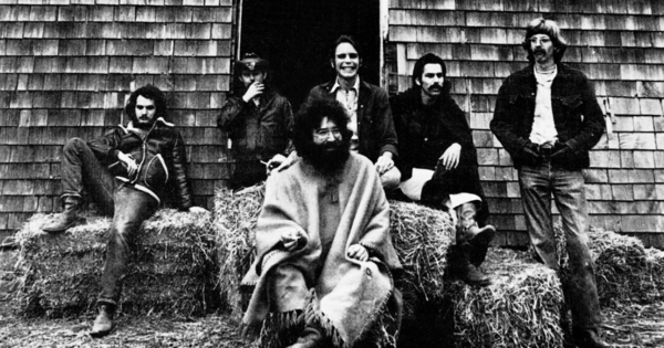 The Grateful Dead in 1970, in a rural setting – Bill Kreutzmann, Ron "Pigpen" McKernan, Jerry Garcia, Bob Weir, Mickey Hart, and Phil Lesh