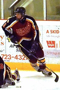 Grimsby player warming up during 2012 Schmalz Cup in Essex, Ontario. Grimsby PK player 2012.JPG