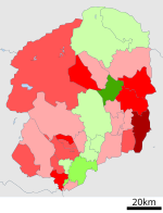 Growth rate map of municipalities of Tochigi prefecture, Japan