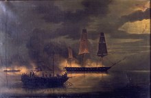 A picture of the engagement on 23 May 1809 when Melpomene was attacked by 20 Danish gunboats, 23 May 1809 HMS 'Melpomene' engaged with 20 Danish gunboats, 23 May 1809 RMG BHC0590.tiff