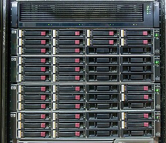 HP EVA4400 storage array, consisting of 2U controller enclosure (top) and 4 2U disk shelves HP EVA4400-1.jpg