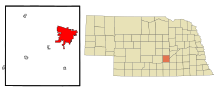 Hall County Nebraska Sisällytetyt ja rekisteröimättömät alueet Grand Island Highlighted.svg