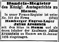 Hamburger Engros-Lager, Julius Aronstein, Eintrag in Handelsregister Hamm, 15.1.1895