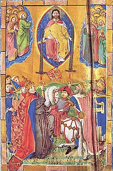 Christ dispensing the two swords to the pope and the emperor. Painting by Hans Bornemann, from a 1442 copy of the Sachsenspiegel. Hans Bornemann - Zweischwerterlehre.jpg