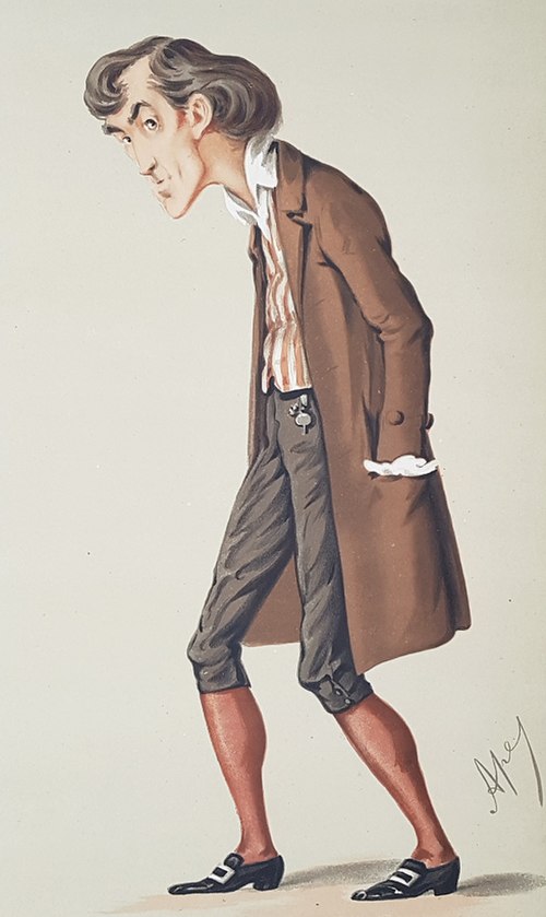 Caricature (by Ape) of Irving in The Bells. Vanity Fair, 19 December 1874.