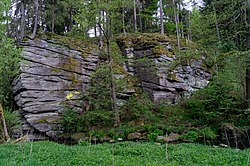 62. Platz: Dominik Nolte Neu! mit Hirschsprungfelsen im Naturschutzgebiet „Egertal bei Neuhaus“. Landkreis Wunsiedel, Bayern. Der Granitfelsen (Selber Granit) weist eine deutliche Lager- und Querklüftung auf, im Ansatz ist auch Wollsackverwitterung zu erkennen.
