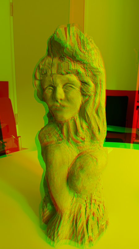 Wooden sculpture - anaglyph 3D image - red filter left eye - green filter right eye