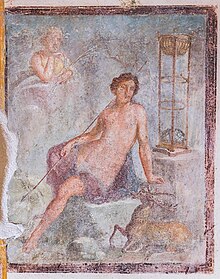 Metamorphosis of Cyparissus House of the Vettii VI 15,1 Pompeii 2023 Central wall painting of the Metamorphosis of Cyparissus from north wall oecus on south side of atrium courtesy of Johannes Eber.jpg