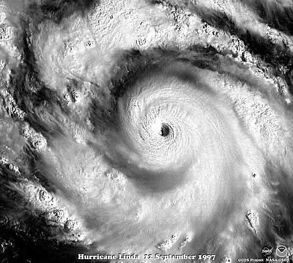 Visible satellite image of Hurricane Linda's eye near peak intensity