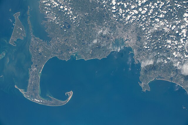 Cape Cod, Cape Cod Bay, and Massachusetts Bay, north is oriented to the right in this photo taken from the International Space Station on June 15, 202