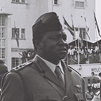 Idi Amin pictured in 1966, shortly after he led an attack on the Kabaka's palace and forced Mutesa II of Buganda into exile. Idi Amin en 1966.jpg