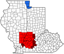 The WFIE viewing area; counties where the station's signal reaches either over-the-air, on cable or satellite are shown in light red. Illinois-Indiana-Kentucky Tri-State Area imposed over WTVW Viewing Area Map-2.png