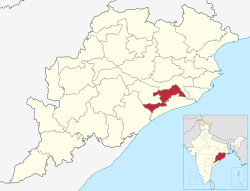 Khurdan piirikunta Odishan kartalla.