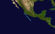 The short, generally northwestward path of a tropical storm just off the west coast of Mexico