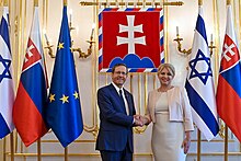 Slovak President Zuzana Caputova with Israeli President Isaac Herzog in the Grassalkovich Palace, 2023 Isaac Herzog state visit to Slovakia, September 2023 (KBG GPO7600).jpg