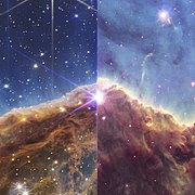 Vasemmalla Webbin lähi-infrapunakameran kuva vuodelta 2022; oikealla Hubblen kuvat vuosilta 2006–2008.