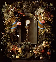Chalice and Host in a Niche, within a Cartouche of Roses and Fruit