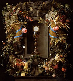 Hedelmien ja kukkaseppeleiden kehystämä ehtoollismalja, 1648, 138 × 125.5 cm, Kunsthistorisches Museum, Wien.