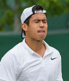 Jason Kubler competing in the first round of the 2015 Wimbledon Qualifying Tournament at the Bank of England Sports Grounds in Roehampton, England. The winners of three rounds of competition qualify for the main draw of Wimbledon the following week.