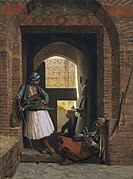 137 Guardhouse of Arnauts in Cairo at the gate of Bab-el-Nasr label QS:Len,"Guardhouse of Arnauts in Cairo at the gate of Bab-el-Nasr" 1861