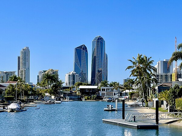 Image: Jewel towers at midday seen from Isle of Capri, Gold Coast, Queensland, July 2021, 02