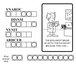 An example Jumble-style word puzzle, where solving four anagrams allows the solver to then solve a fifth, using the circled letters of the previous answers Jumble puzzle.png