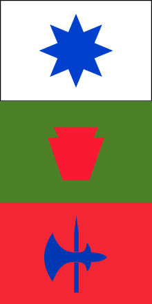 Symbols described in the book: top, emblem of high god Dralm; middle, flag of newly established Hos-Hostigos; bottom, flag of Hostigos Kalvan-Otherwhen Dralm-emblem Hostigos-flags.svg