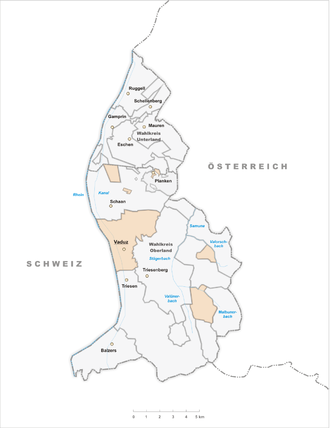 Lage der Gemeinde Vaduz im Fürstentum Liechtenstein (anklickbare Karte)