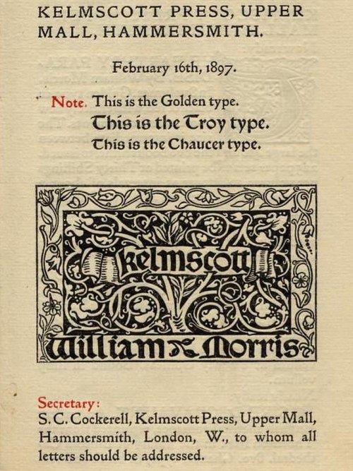 The Golden Type among other typefaces used by the Kelmscott Press