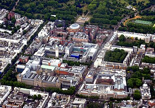 Aerial view of Albertopolis. The Albert Memorial, Royal Albert Hall, Royal Geographical Society and Royal College of Art are visible near the top; Victoria and Albert Museum and Natural History Museum at the lower end; Imperial College, Royal College of Music, and Science Museum lying in between. Kensington Museums aerial 2011 b.jpg