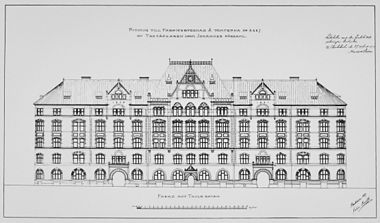 LMEs fabrik, hovedfacade mod Tulegatan. 
 Facadetegning og facadeperspektiv af Johan Laurentz, 1896