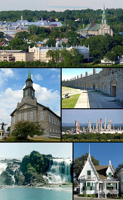 From top, left to right: View of Lévis, Notre-Dame-de-la-Victoire Church, Lévis Forts National Historic Site, Ultramar's Jean-Gaulin Refinery, Chaudiè