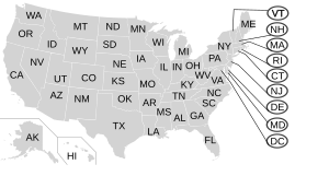 Map of the United States with each state and the District of Columbia labelled with the second part of its ISO 3166-2 code Labelled US map.svg