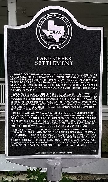 Texas Historical Commission marker for Lake Creek Settlement. It is located in front of the N. H. Davis Museum and Pioneer Complex, 308 Liberty Street, Montgomery, Texas. Lake Creek Settlement Marker.jpg