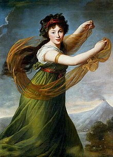 A painted portrait of a young white woman with dark curly hair, wearing a flowing green and gold dress with bare arms